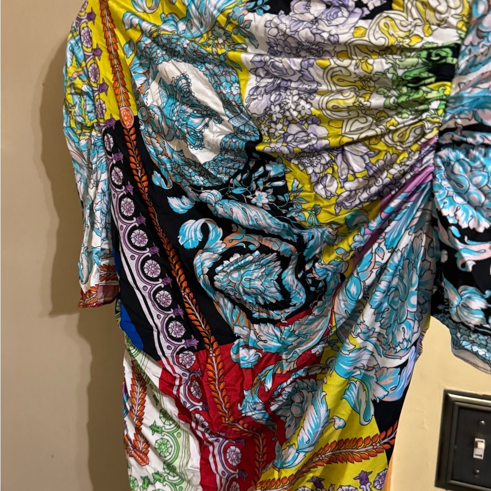 Versace Multicolor Baroque Print Top — Turquoise, Yellow, Pink, Black